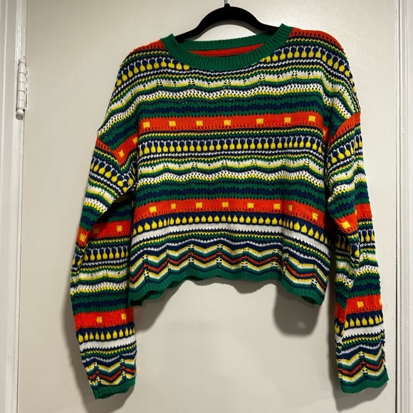 Women’s Large Striped Cropped Crewneck Sweater. Scalloped Hem. Oversized. - Picture 2 of 11